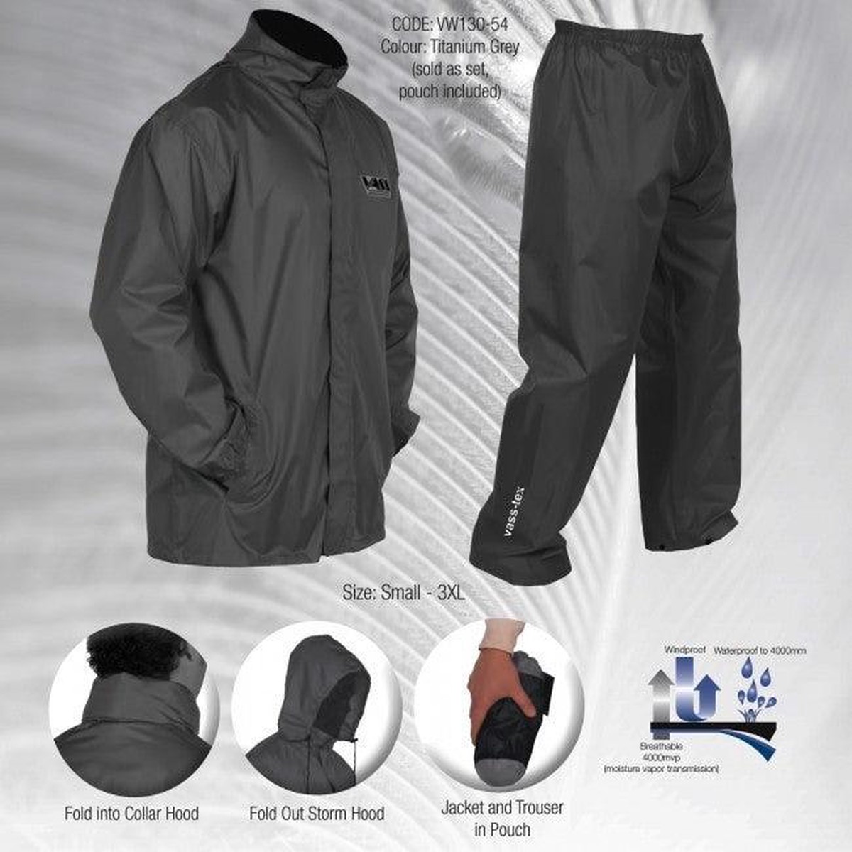 VASS-TEX LIGHT PACKAWAY JACKET AND TROUSER SET in Grey