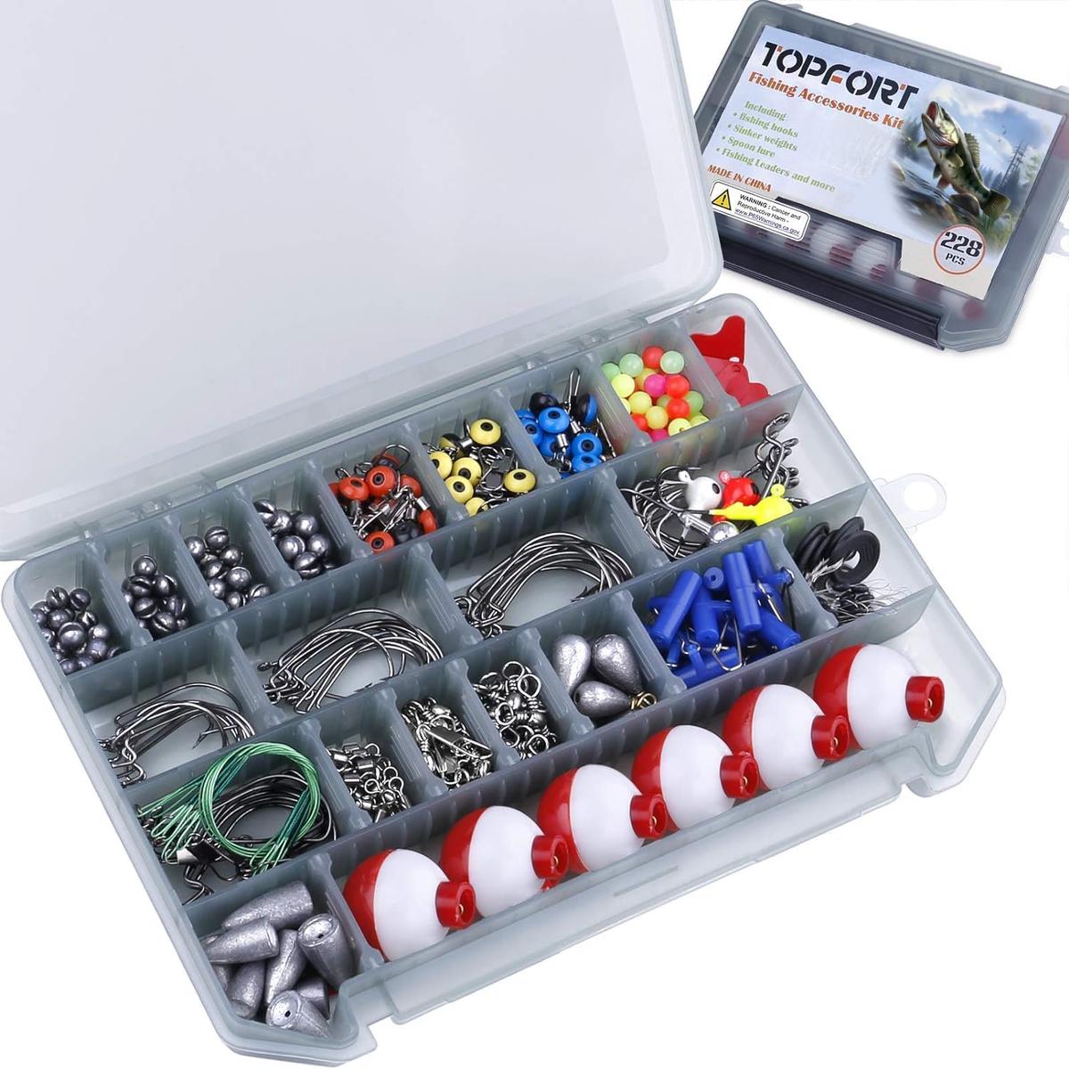 Fishing Accessories Kit, Including Jig Hooks, Bullet Bass Casting Sinker Weights, Fishing Swivels Snaps (228pcs)