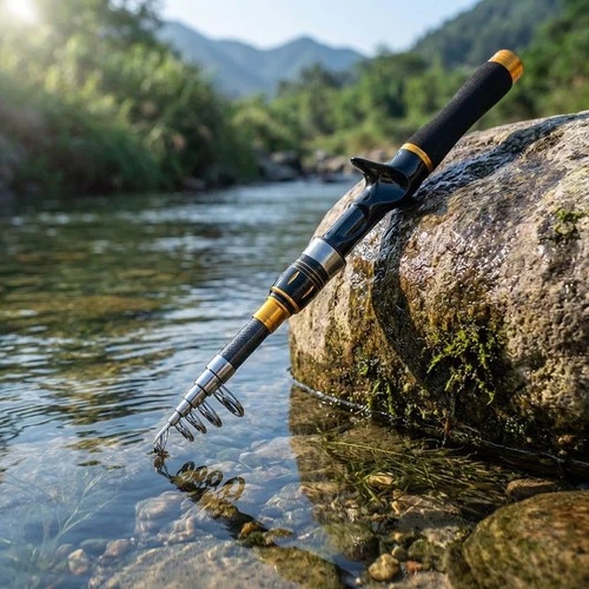 Black Telescopic Fishing Rod 34cm Collapsed Length FRP Sensitivity Focused