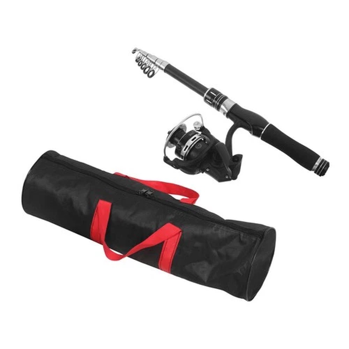 Compact Telescopic Fishing Rod Kit Black Fiberglass Durable Travel Spinning Reel