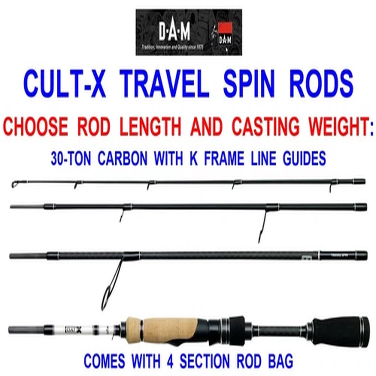 NEW DAM CULT-X 4pc TRAVEL SPIN RODS 30-TON CARBON FOR GAME COARSE SEA SPINNING