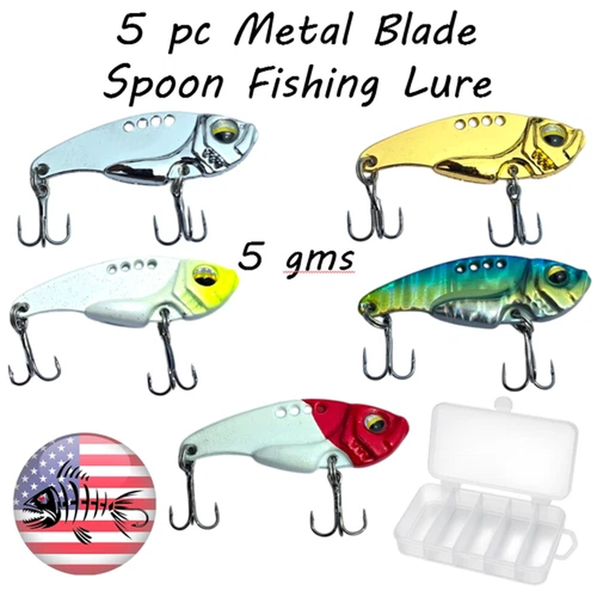 5 PC Metal Fishing Lures Kit Vibration Bait Crankbait Bass Spoon Swimbait Box