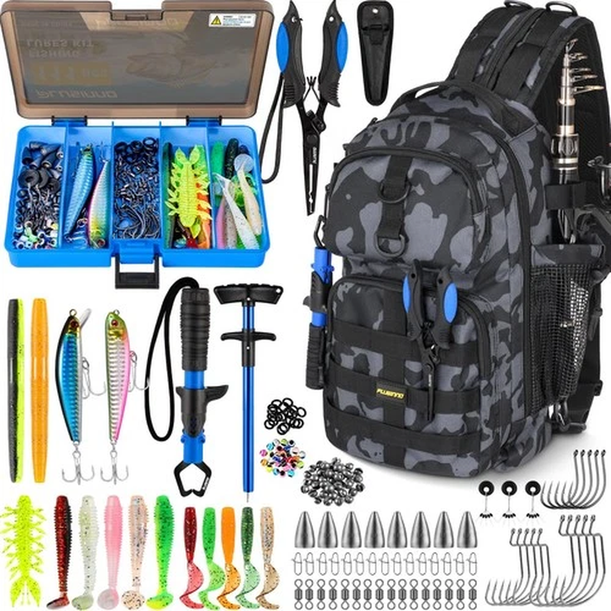 PLUSINNO Fishing Backpack Waterproof Sling Tackle Bag with Rod Holder