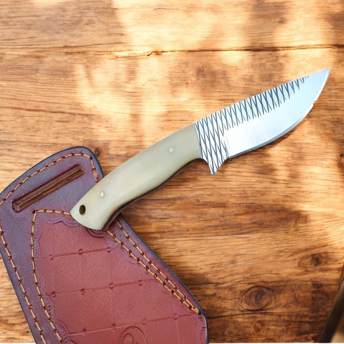 Damascus Knife Store Handmade Cowboy Knife with Bone Handle & Leather Sheath