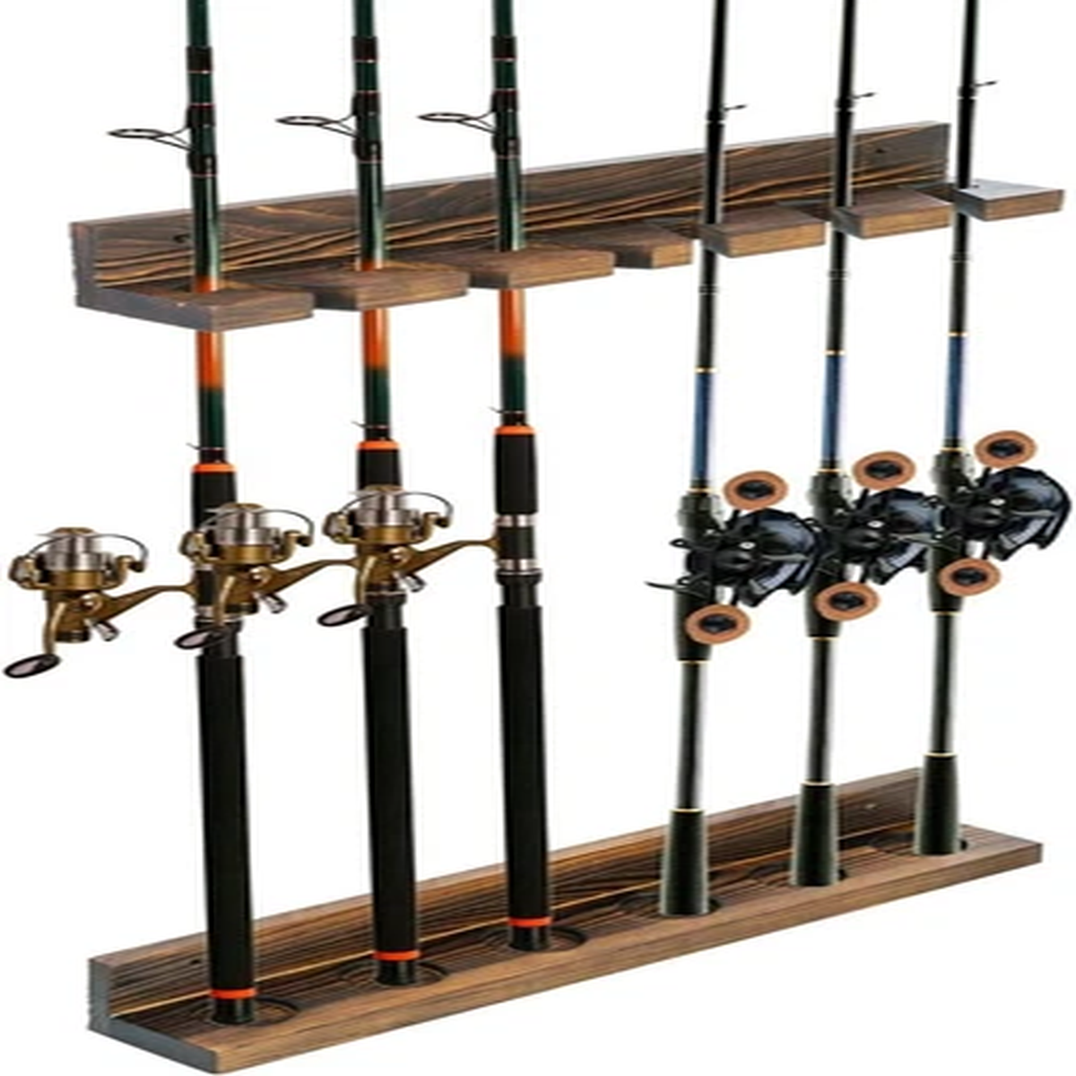 Wall Mounted Brown Wood Fishing Rod Rack, Hanging Gear Storage Organizer