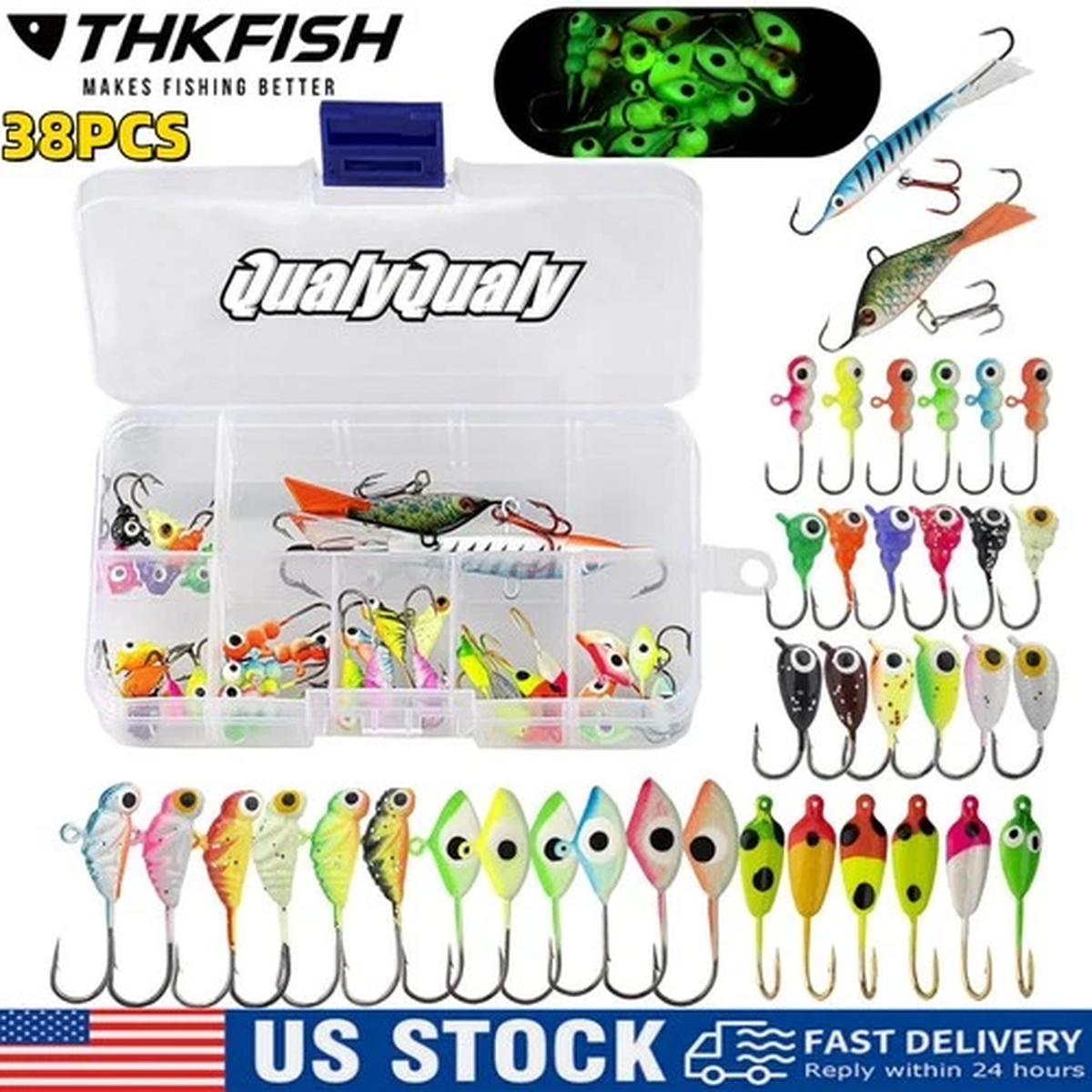 38PC Fishing Kit Ice Fishing Jigs Ice Fishing Lures Walleye Fishing Crappie Jigs