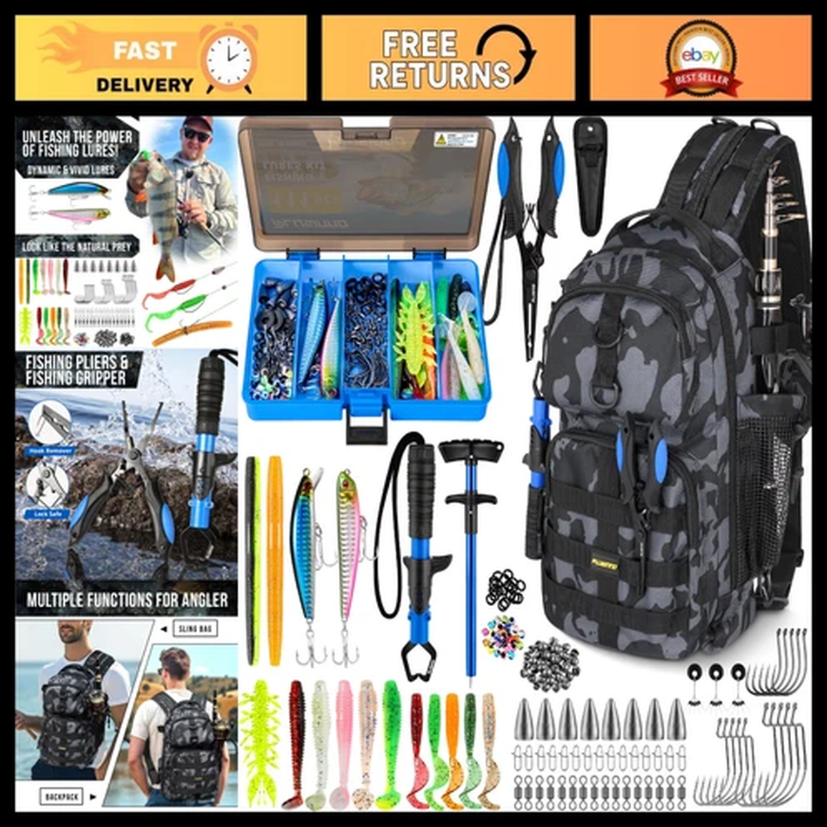 Waterproof Fishing Backpack with Tackle Boxes & Rod Holder, Fishing Gear Bag, Gi