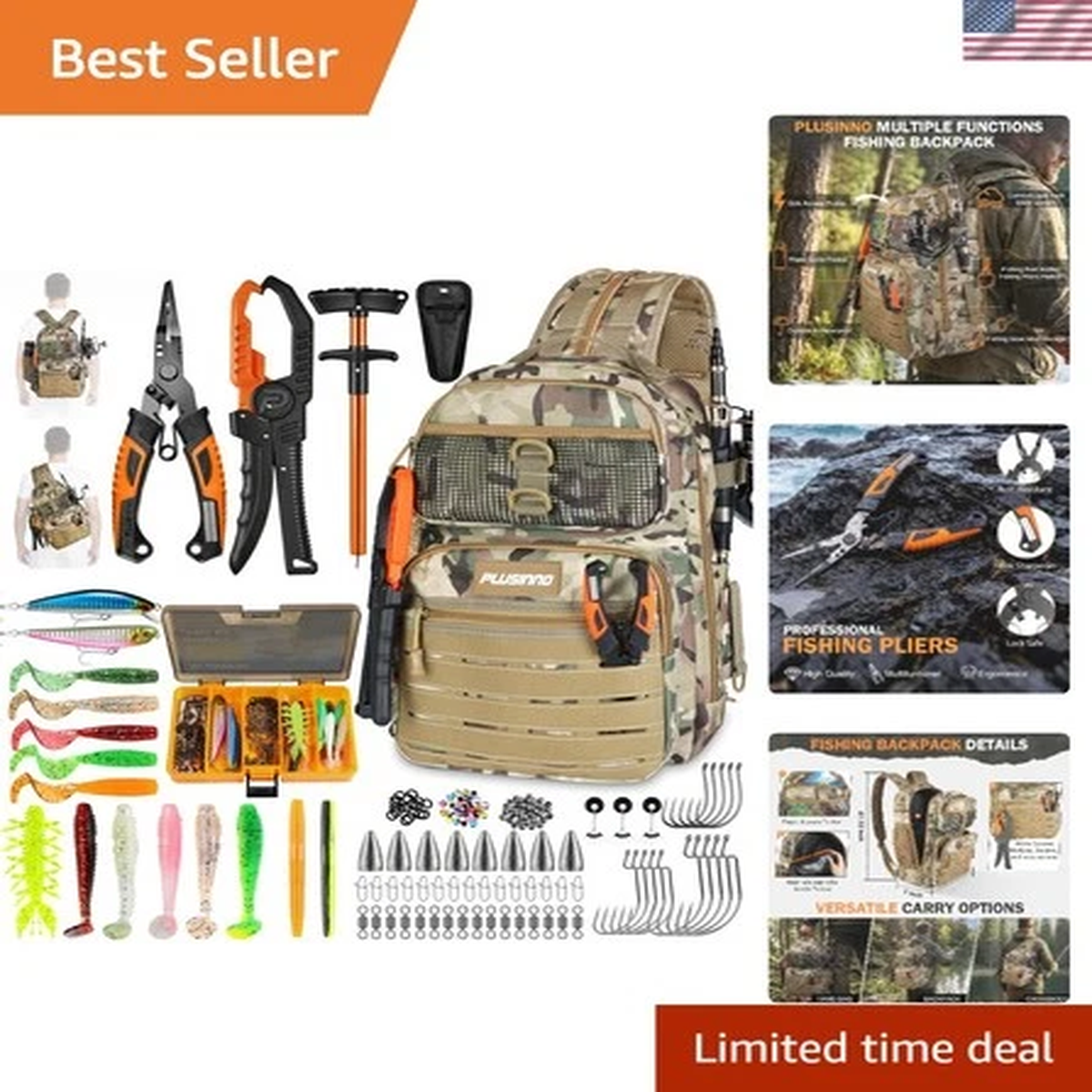Ultimate Waterproof Fishing Backpack with Tackle Box & Fishing Tools, Khaki