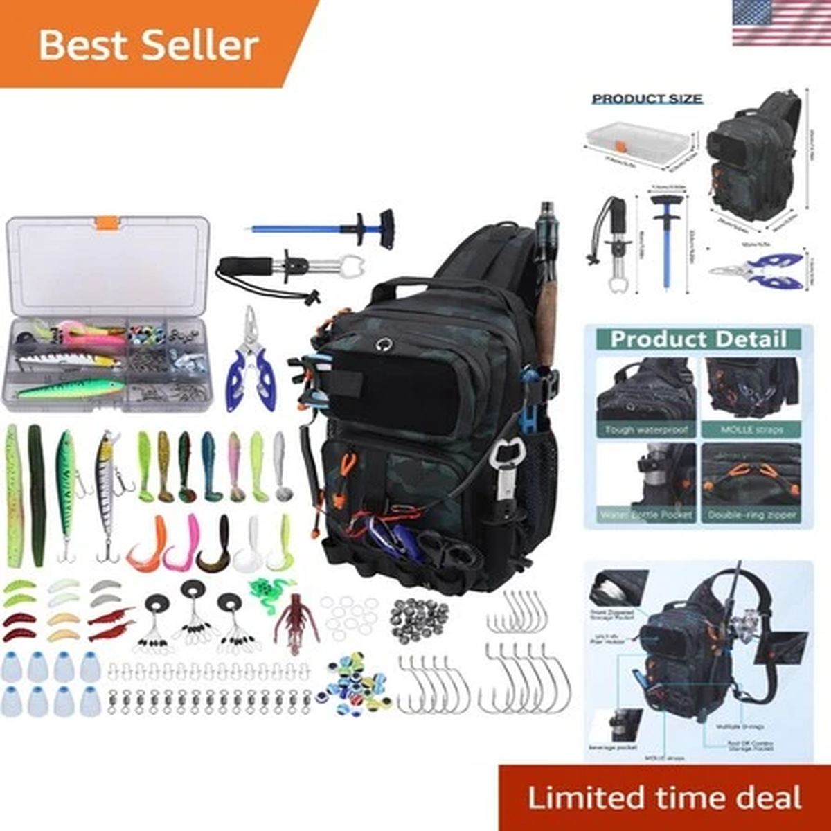 Waterproof Fishing Backpack with 136-Piece Tackle Kit & Built-In Tools - Green