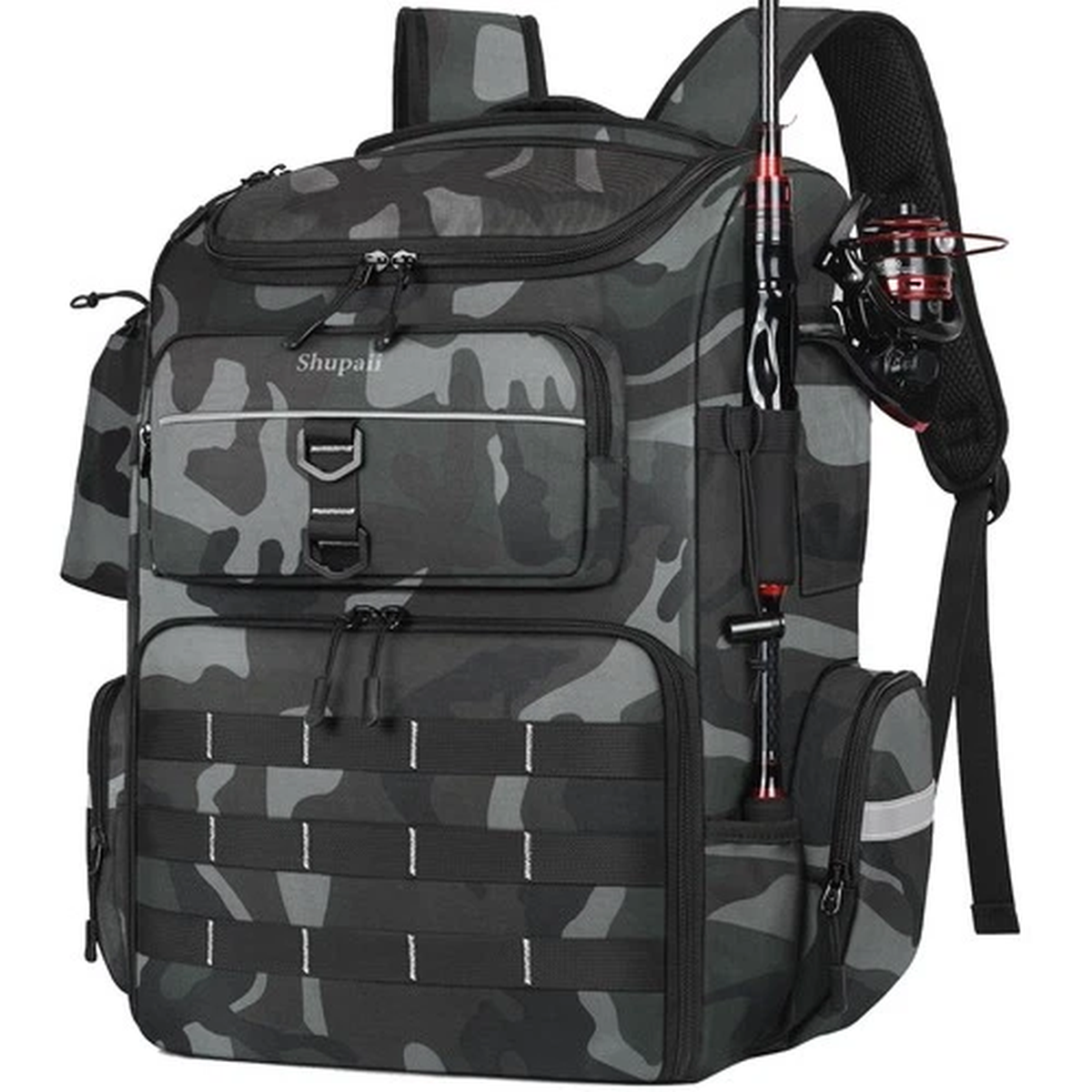 Large 45L Water-Resistant Camo Fishing Backpack with Rod Holders & Tackle